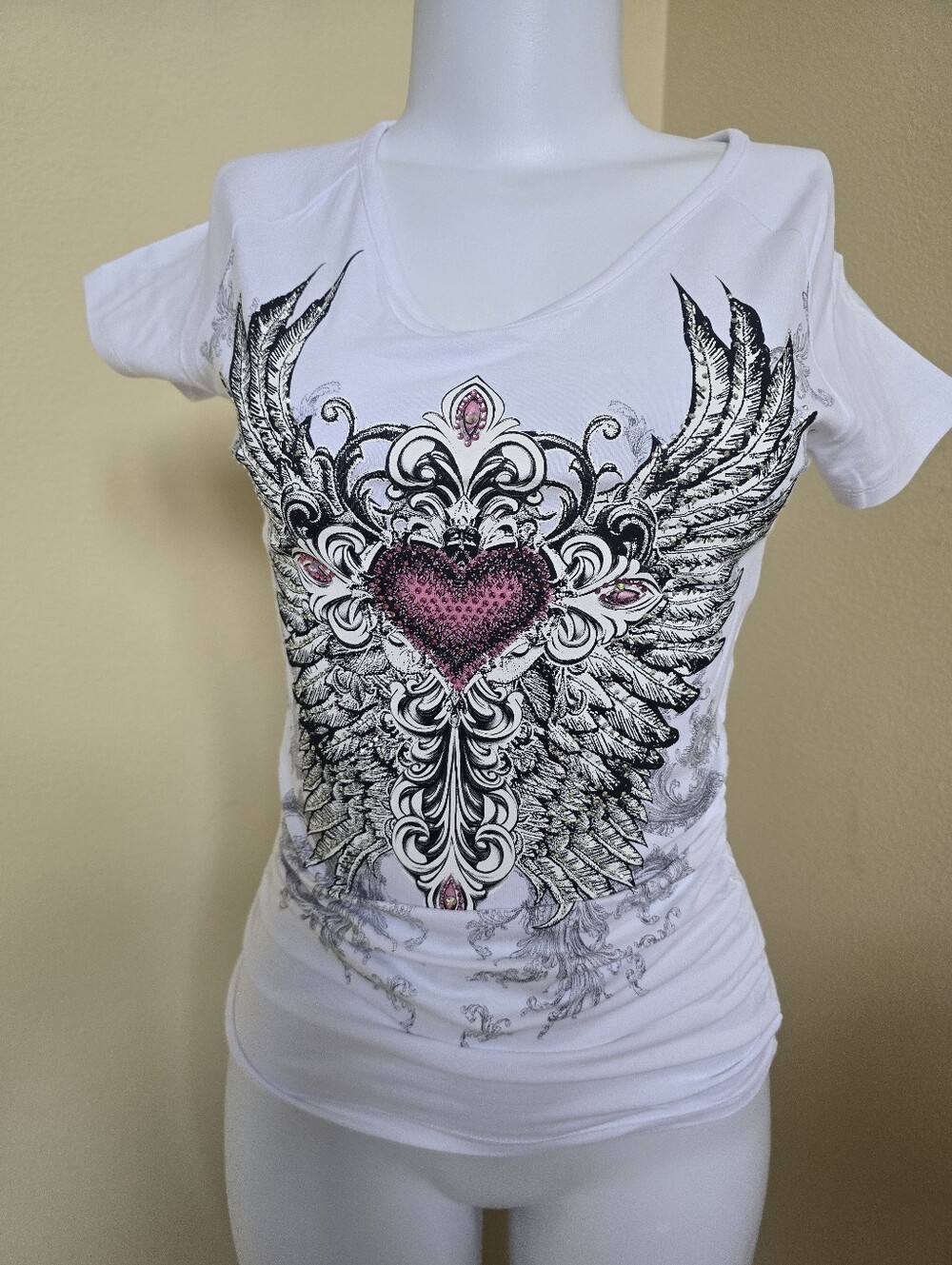 White Short Sleeve Graphic Tee with Side Ruching